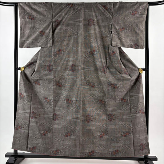 【美品】 紬織 身長158cm 袖長65cm M 雙層 草花紋紋 霞 焦茶 純蠶絲 秀品級