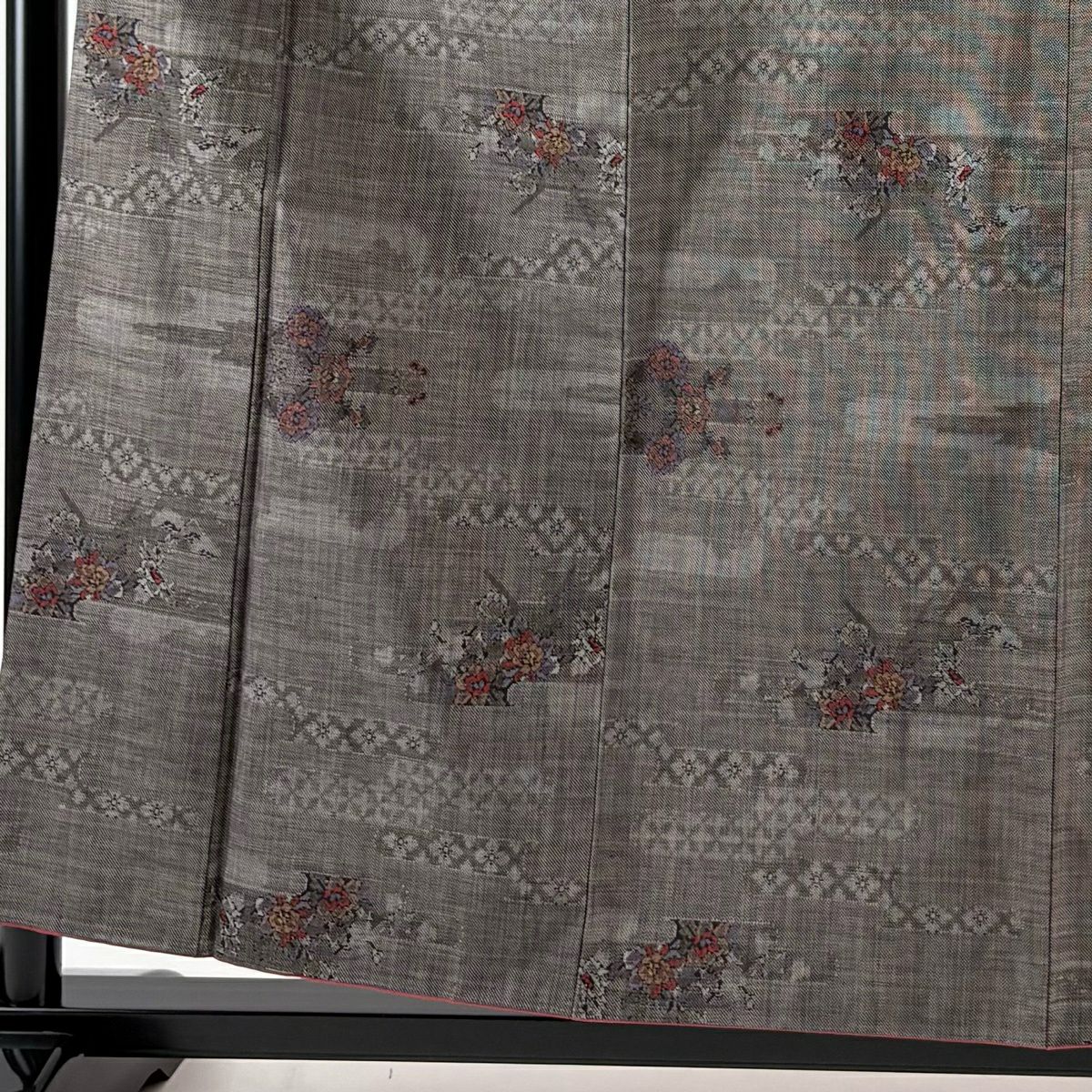 【美品】 紬織 身長158cm 袖長65cm M 雙層 草花紋紋 霞 焦茶 純蠶絲 秀品級
