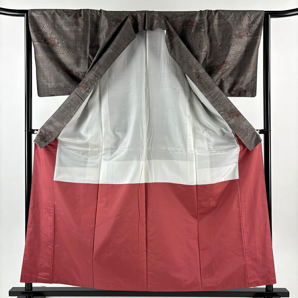 【美品】 紬織 身長158cm 袖長65cm M 雙層 草花紋紋 霞 焦茶 純蠶絲 秀品級