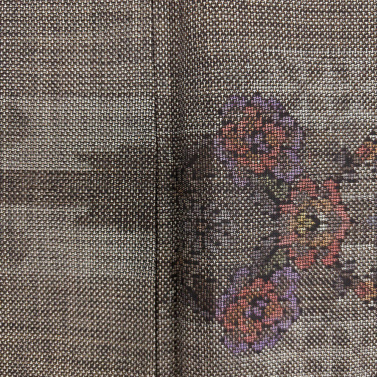【美品】 紬織 身長158cm 袖長65cm M 雙層 草花紋紋 霞 焦茶 純蠶絲 秀品級