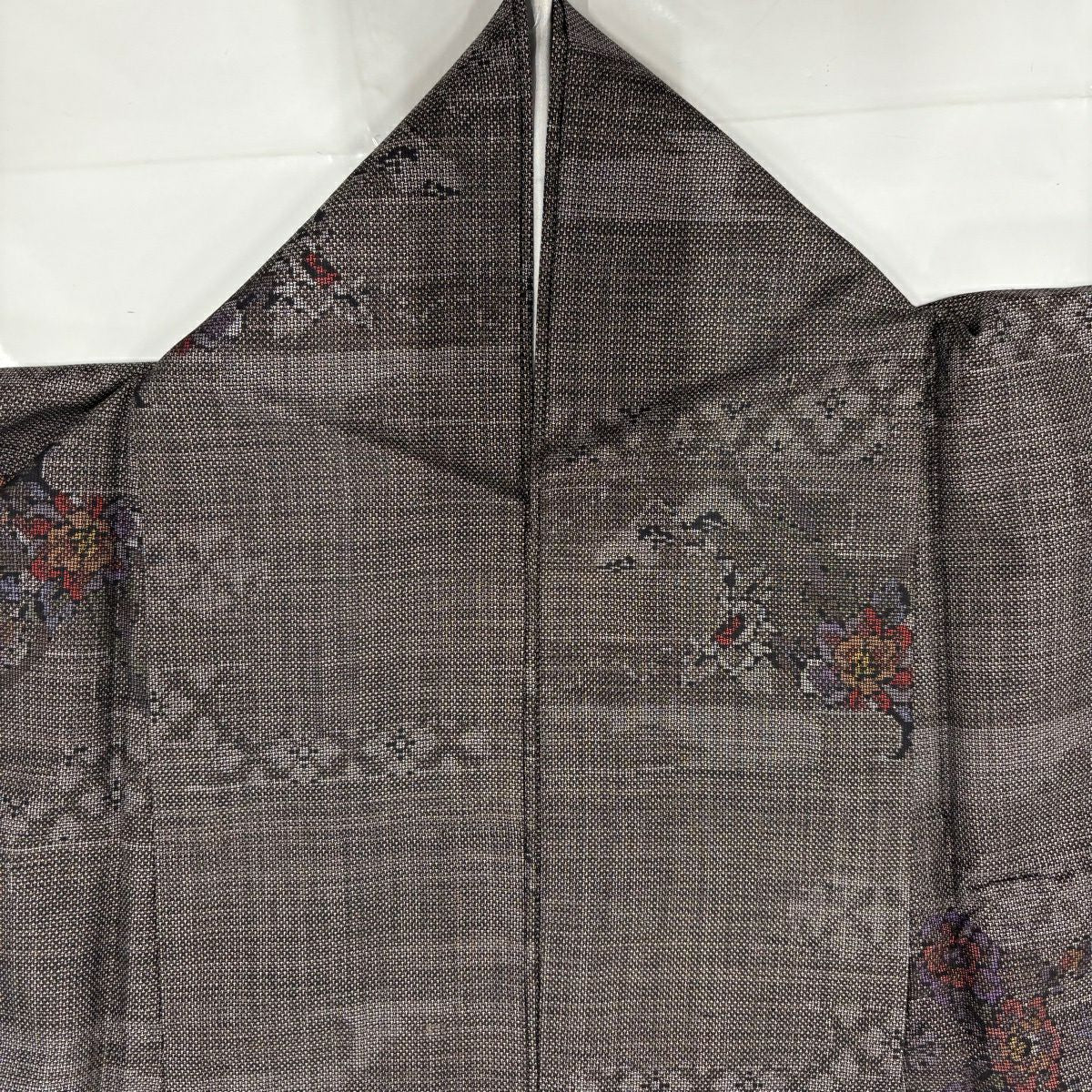 【美品】 紬織 身長158cm 袖長65cm M 雙層 草花紋紋 霞 焦茶 純蠶絲 秀品級