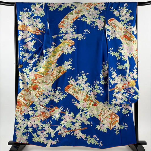 振袖禮服 身長161cm 袖長65cm M 雙層 琴 櫻花 金絲 金銀彩 青 純蠶絲 秀品級