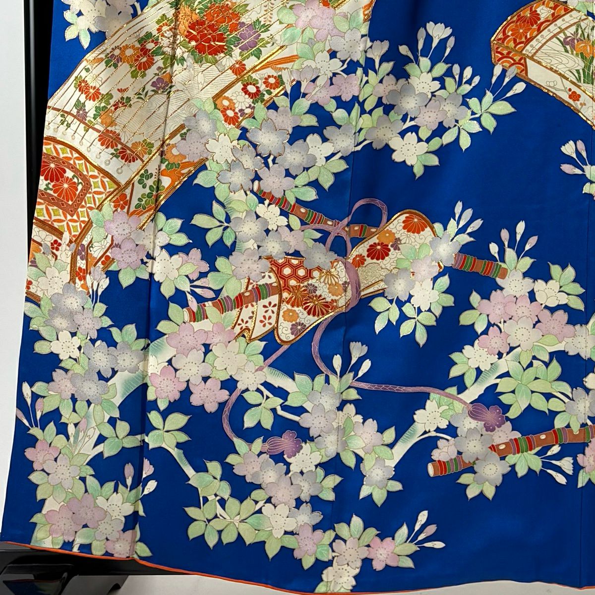 振袖禮服 身長161cm 袖長65cm M 雙層 琴 櫻花 金絲 金銀彩 青 純蠶絲 秀品級