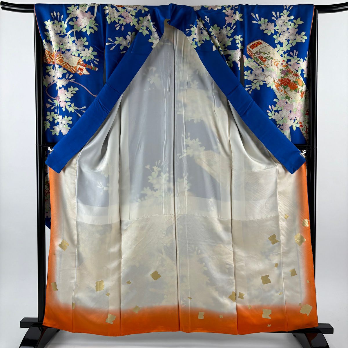 振袖禮服 身長161cm 袖長65cm M 雙層 琴 櫻花 金絲 金銀彩 青 純蠶絲 秀品級