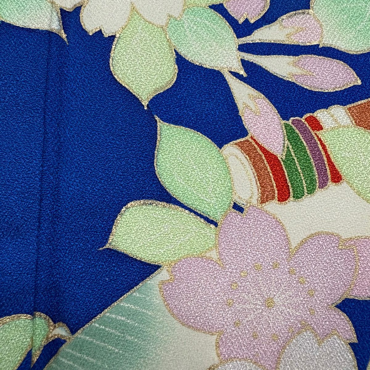 振袖禮服 身長161cm 袖長65cm M 雙層 琴 櫻花 金絲 金銀彩 青 純蠶絲 秀品級