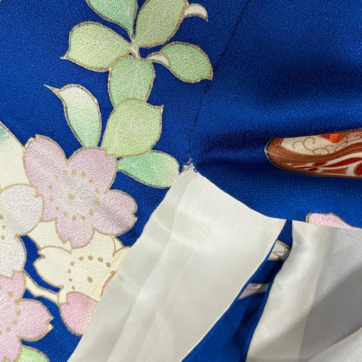 振袖禮服 身長161cm 袖長65cm M 雙層 琴 櫻花 金絲 金銀彩 青 純蠶絲 秀品級