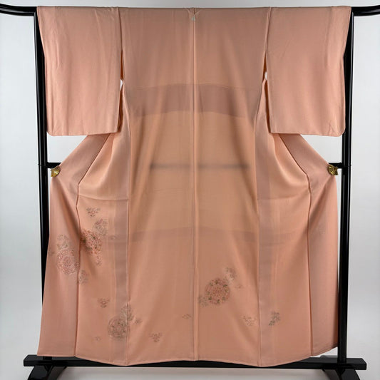 【美品】 留袖禮服禮服 身長157cm 袖長65.5cm M 雙層 鏡裏文 草花紋紋 蘇州刺繡 鮭粉色 純蠶絲 秀品級 一つ紋