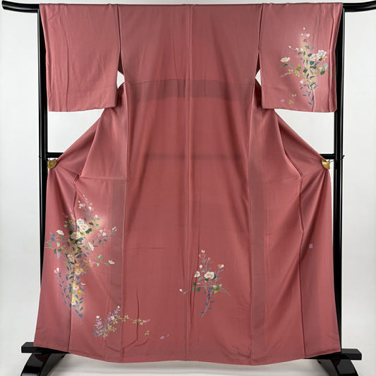 付下 身長162.5cm 袖長65cm M 雙層 落款 草花紋紋 漸層 粉紅 純蠶絲 優品級
