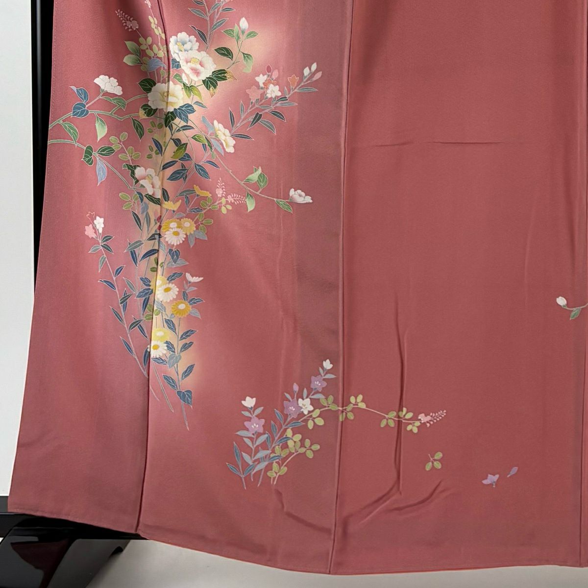 付下 身長162.5cm 袖長65cm M 雙層 落款 草花紋紋 漸層 粉紅 純蠶絲 優品級
