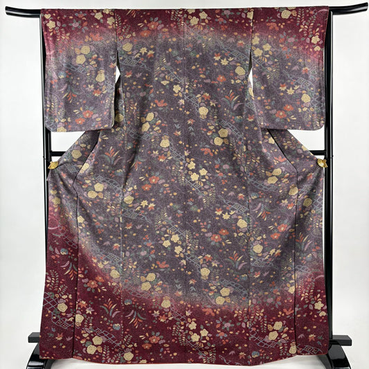 【美品】訪問服 身長170cm 袖長66cm M 雙層 草花紋紋 菱形 染分 灰紫 純蠶絲 秀品級