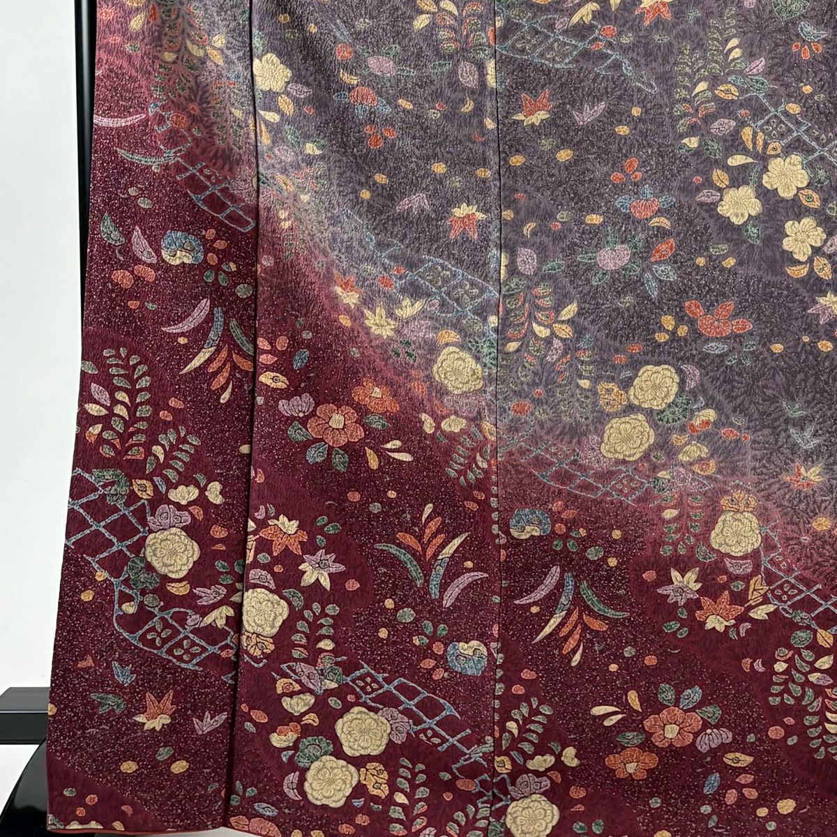 【美品】訪問服 身長170cm 袖長66cm M 雙層 草花紋紋 菱形 染分 灰紫 純蠶絲 秀品級