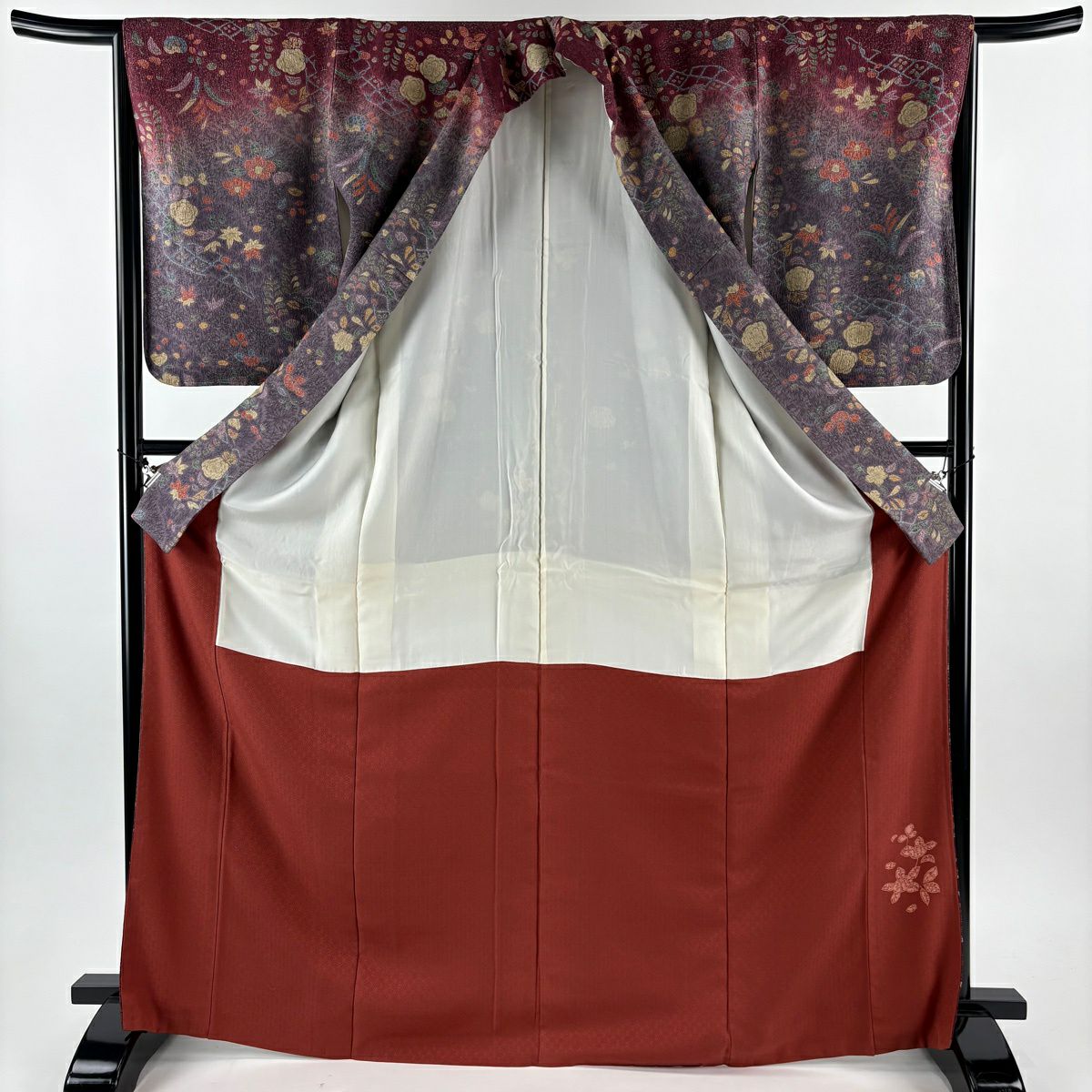 【美品】訪問服 身長170cm 袖長66cm M 雙層 草花紋紋 菱形 染分 灰紫 純蠶絲 秀品級
