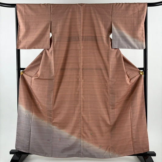 付下 身長163cm 袖長66cm M 雙層 吹寄 縞刺繡 金線 粉米色 純蠶絲 優品級