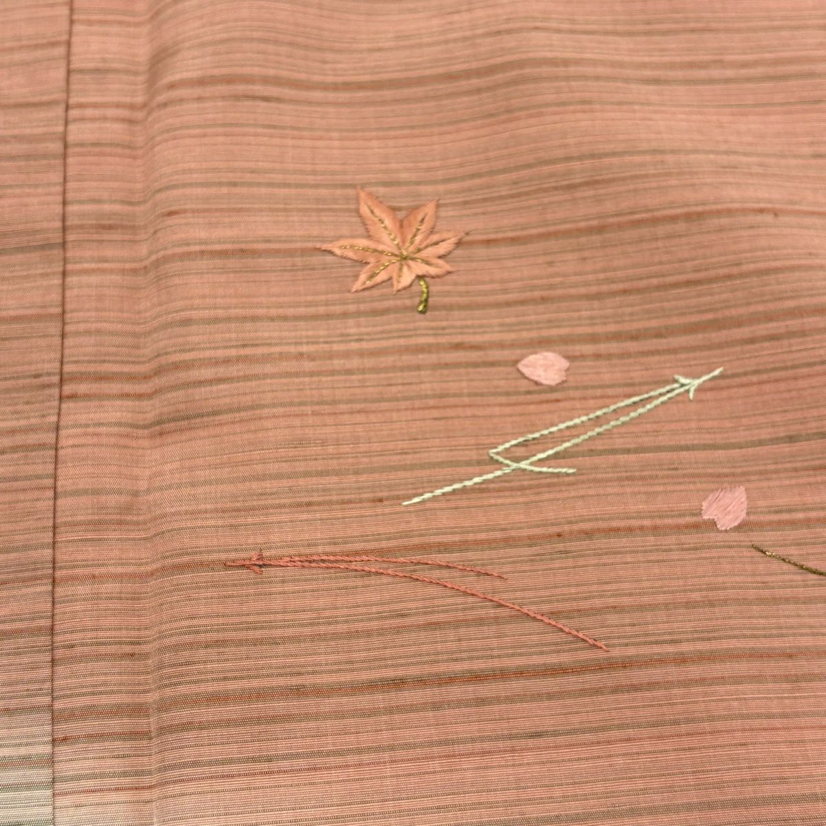 付下 身長163cm 袖長66cm M 雙層 吹寄 縞刺繡 金線 粉米色 純蠶絲 優品級