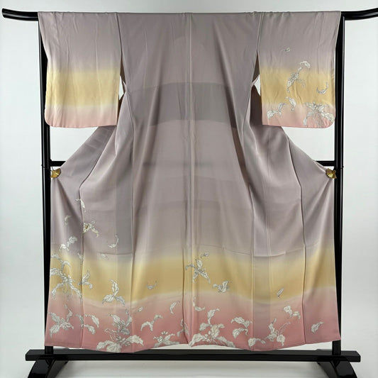 付下 身長155.5cm 袖長66.5cm M 雙層 草花紋紋 金糸 染分 薄紫 純蠶絲 秀品級