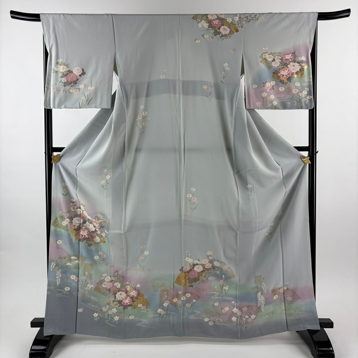 訪問服 身長165cm 袖長66.5cm M 雙層 扇子面 草花紋紋 金彩裝飾 漸層 青灰 純蠶絲 優品級