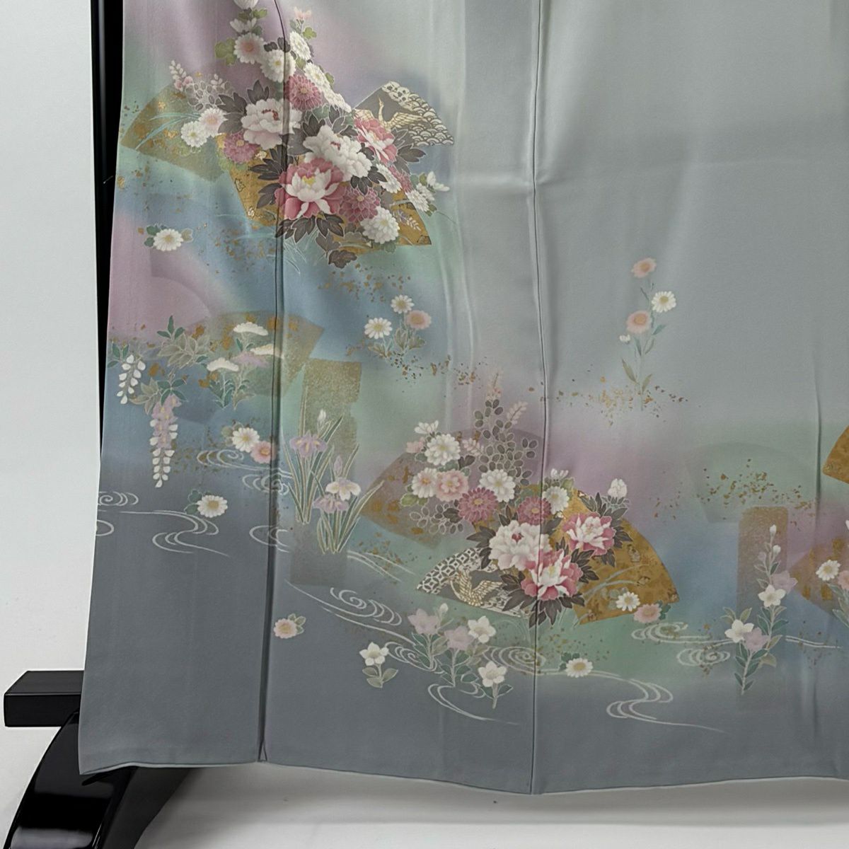 訪問服 身長165cm 袖長66.5cm M 雙層 扇子面 草花紋紋 金彩裝飾 漸層 青灰 純蠶絲 優品級