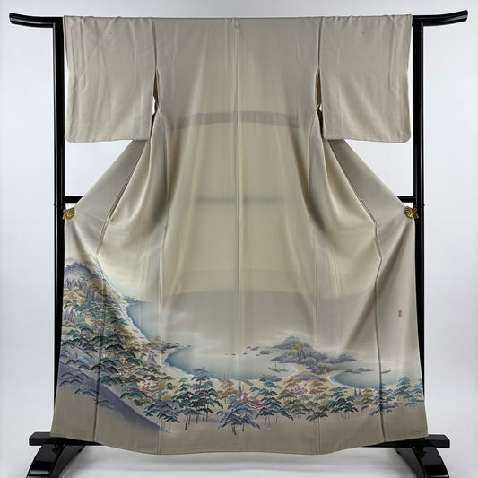 【美品】 留袖禮服禮服 身長162cm 袖長63cm S 雙層 阿部佳雪 落款あり 海邊的風景 九十九灣 米色 純蠶絲 秀品級 三つ紋