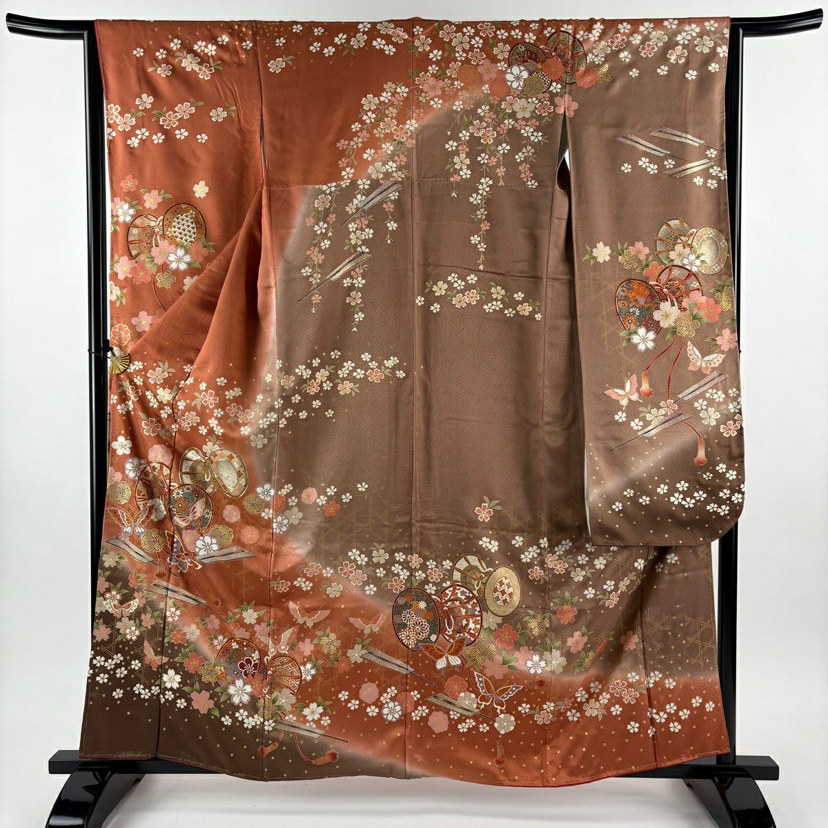 振袖禮服 身長160cm 袖長63.5cm S 雙層 鼓 蝶 金絲 金銀彩 紅茶 純蠶絲 秀品級