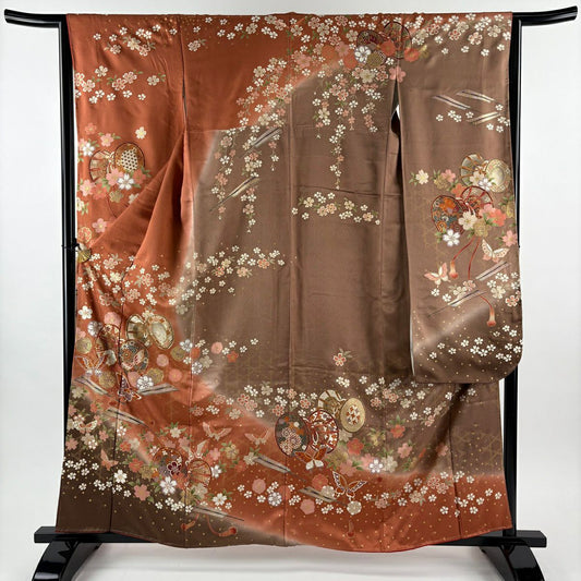 振袖禮服 身長160cm 袖長63.5cm S 雙層 鼓 蝶 金絲 金銀彩 紅茶 純蠶絲 秀品級