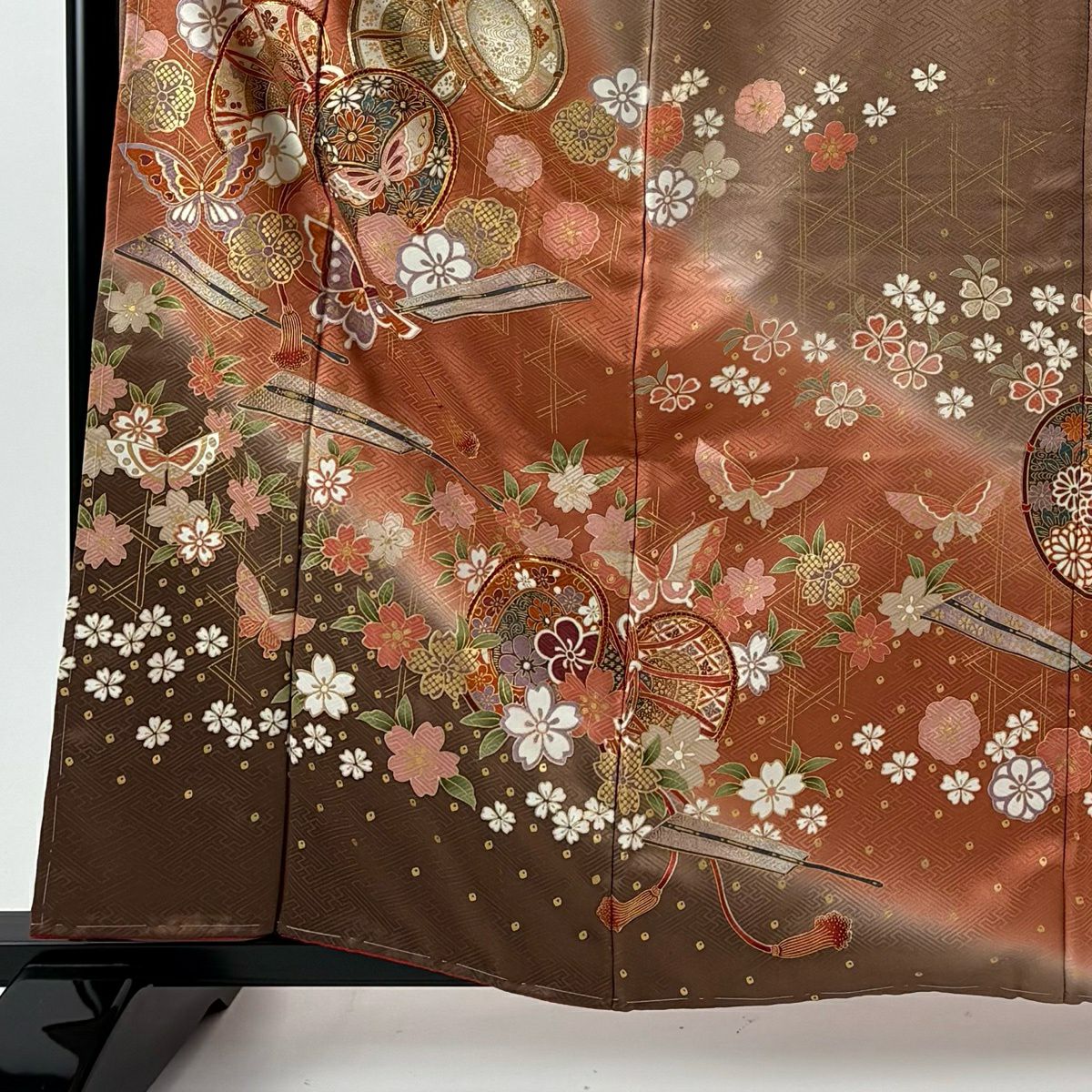 振袖禮服 身長160cm 袖長63.5cm S 雙層 鼓 蝶 金絲 金銀彩 紅茶 純蠶絲 秀品級
