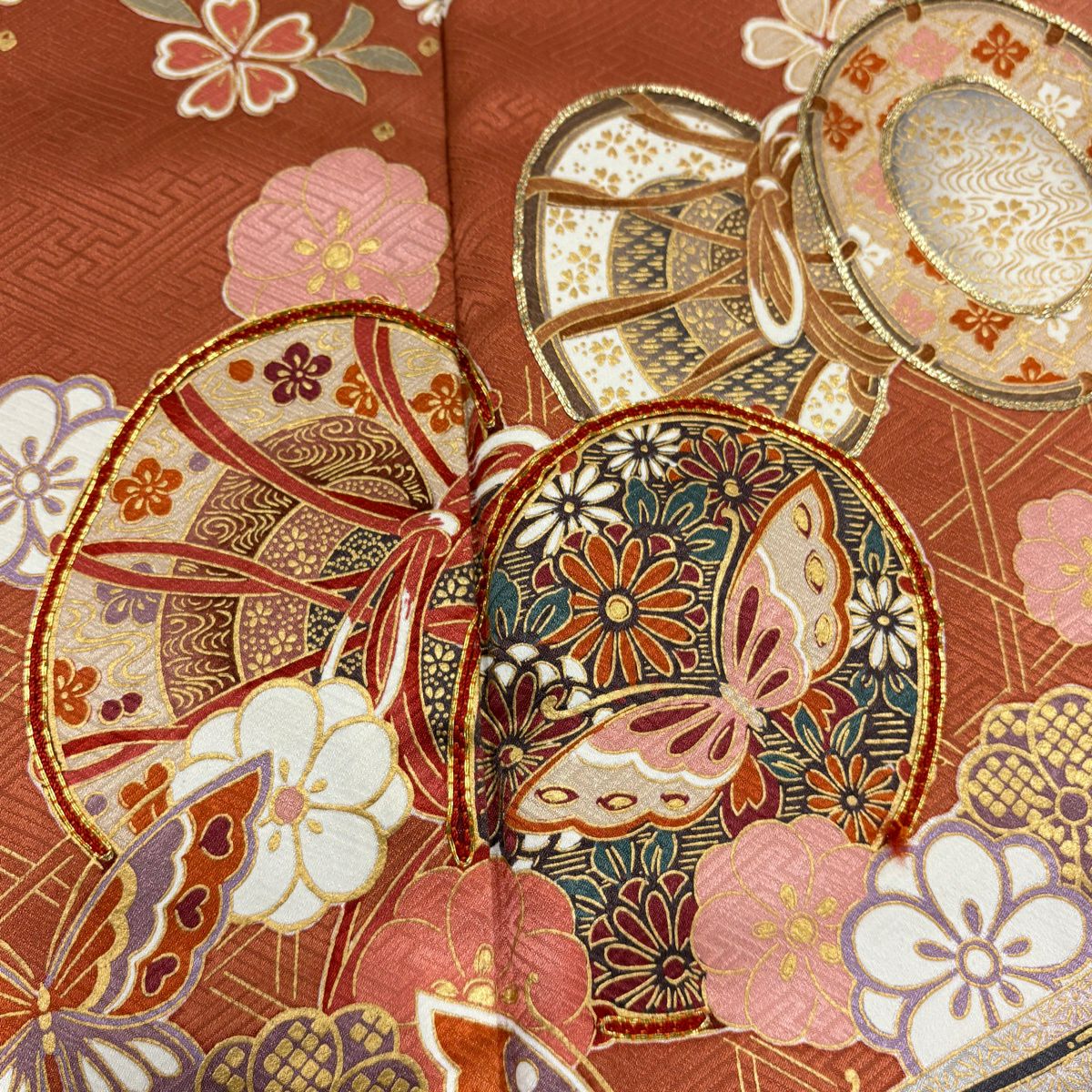 振袖禮服 身長160cm 袖長63.5cm S 雙層 鼓 蝶 金絲 金銀彩 紅茶 純蠶絲 秀品級