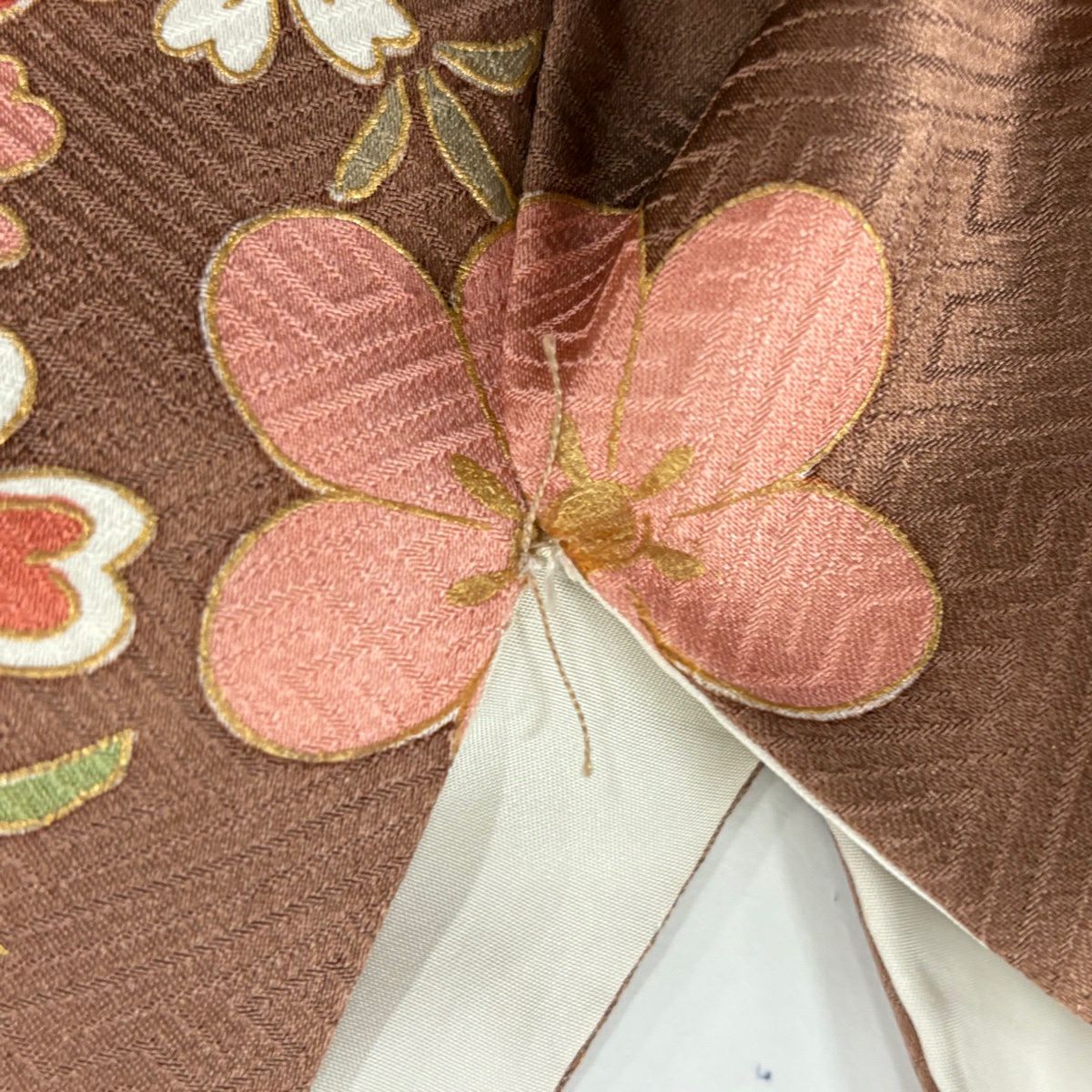 振袖禮服 身長160cm 袖長63.5cm S 雙層 鼓 蝶 金絲 金銀彩 紅茶 純蠶絲 秀品級