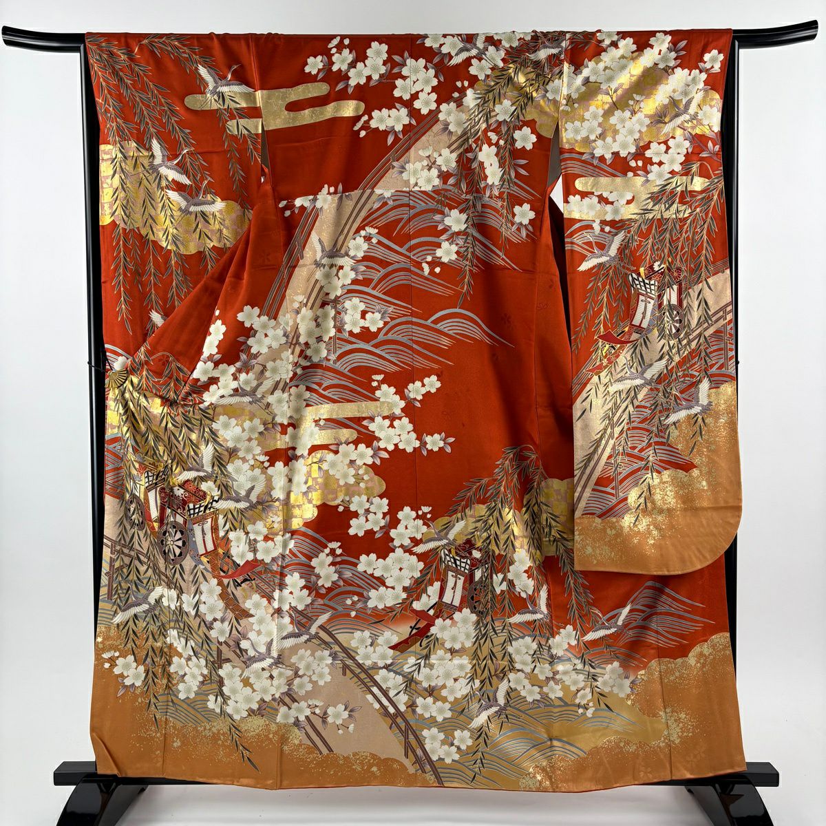 【美品】振袖禮服 身長160.5cm 袖長66cm M 雙層 御所車 枝垂櫻 金絲 金銀彩 朱 純蠶絲 秀品級