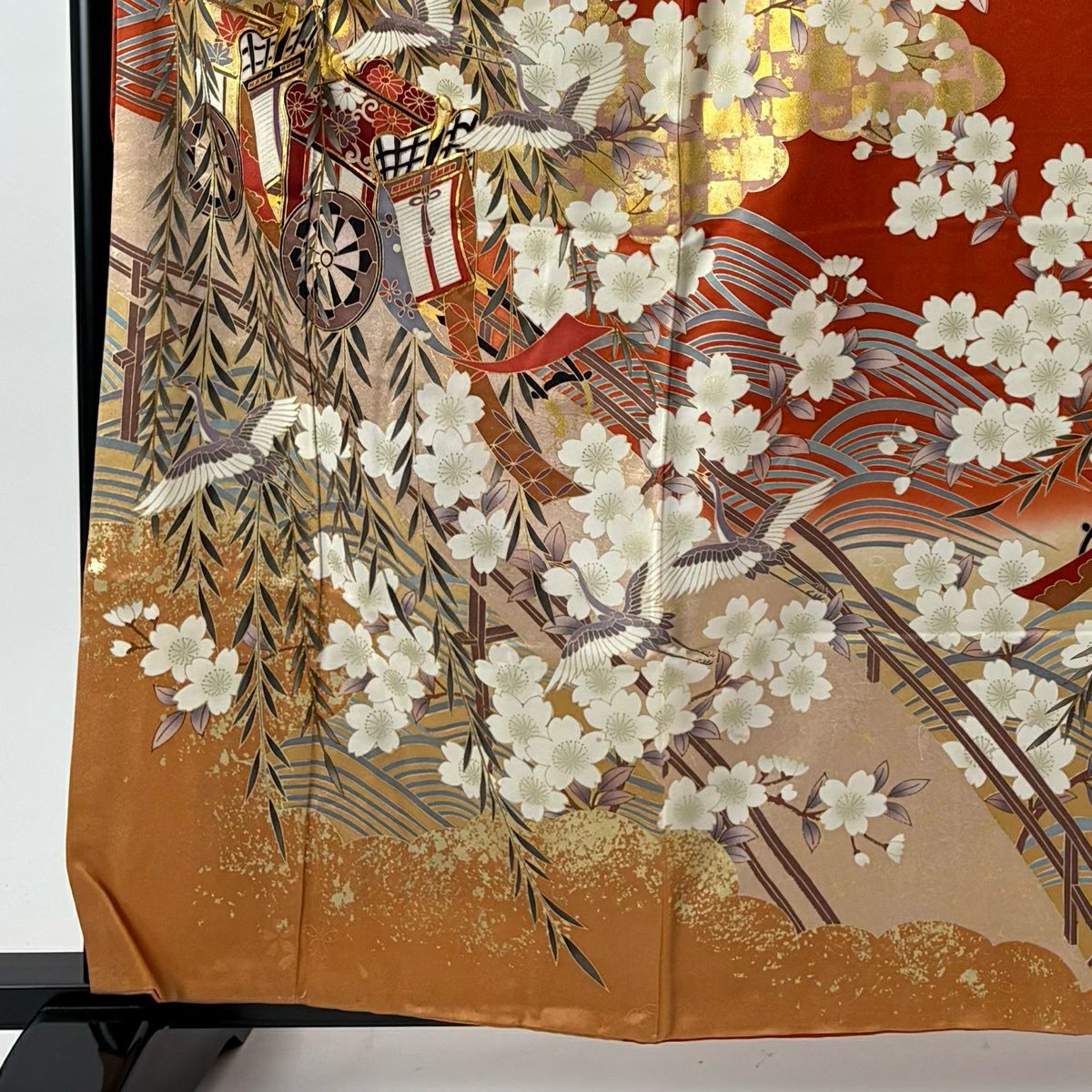【美品】振袖禮服 身長160.5cm 袖長66cm M 雙層 御所車 枝垂櫻 金絲 金銀彩 朱 純蠶絲 秀品級