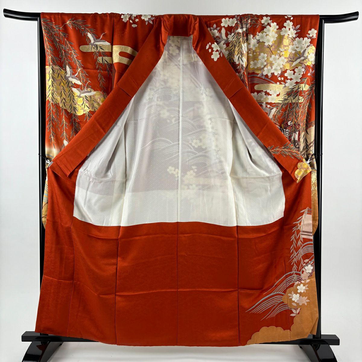 【美品】振袖禮服 身長160.5cm 袖長66cm M 雙層 御所車 枝垂櫻 金絲 金銀彩 朱 純蠶絲 秀品級