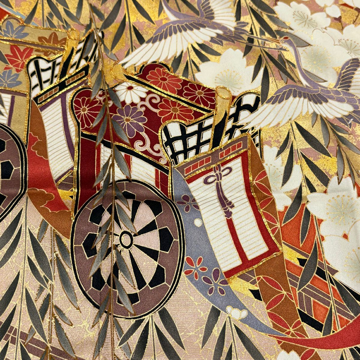 【美品】振袖禮服 身長160.5cm 袖長66cm M 雙層 御所車 枝垂櫻 金絲 金銀彩 朱 純蠶絲 秀品級