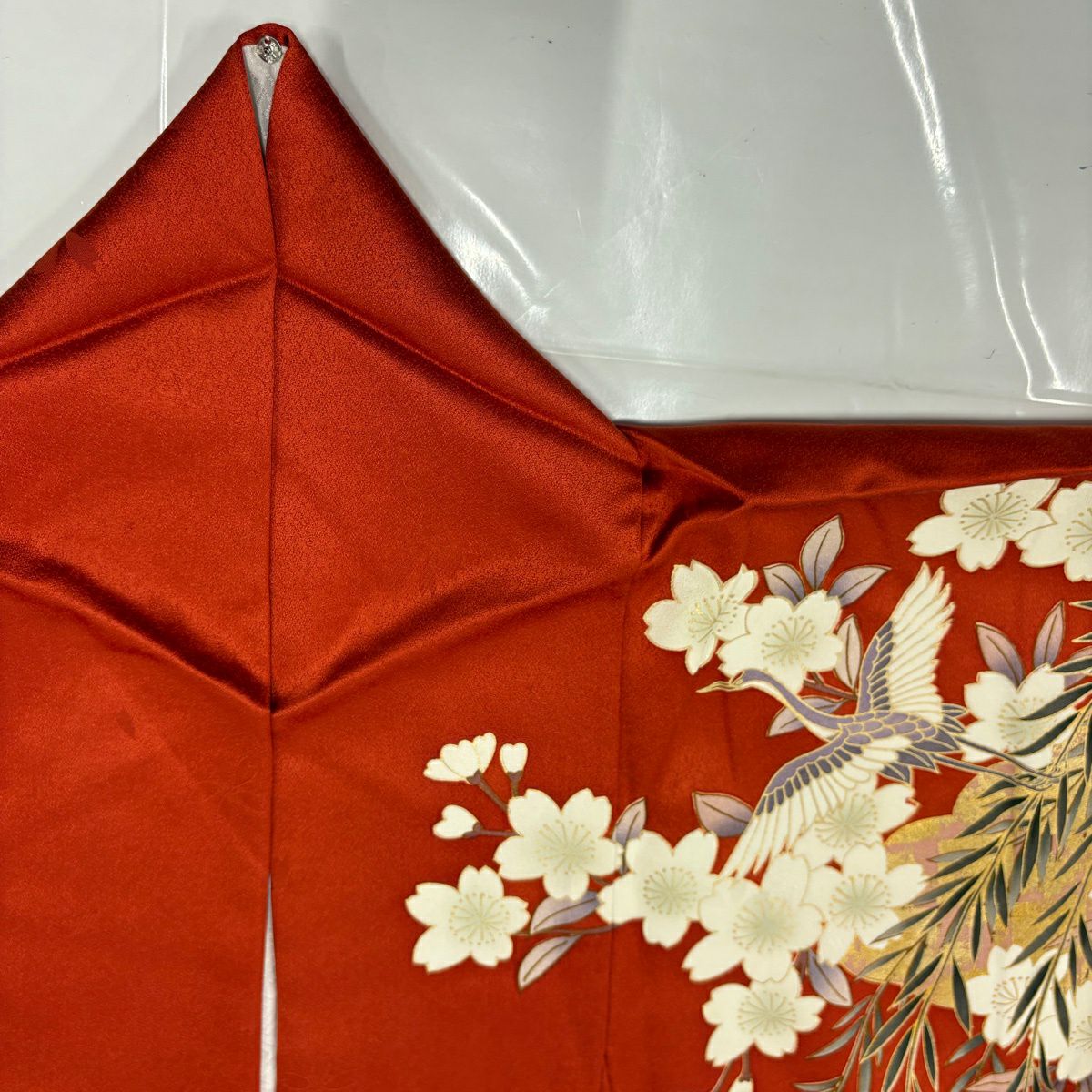 【美品】振袖禮服 身長160.5cm 袖長66cm M 雙層 御所車 枝垂櫻 金絲 金銀彩 朱 純蠶絲 秀品級