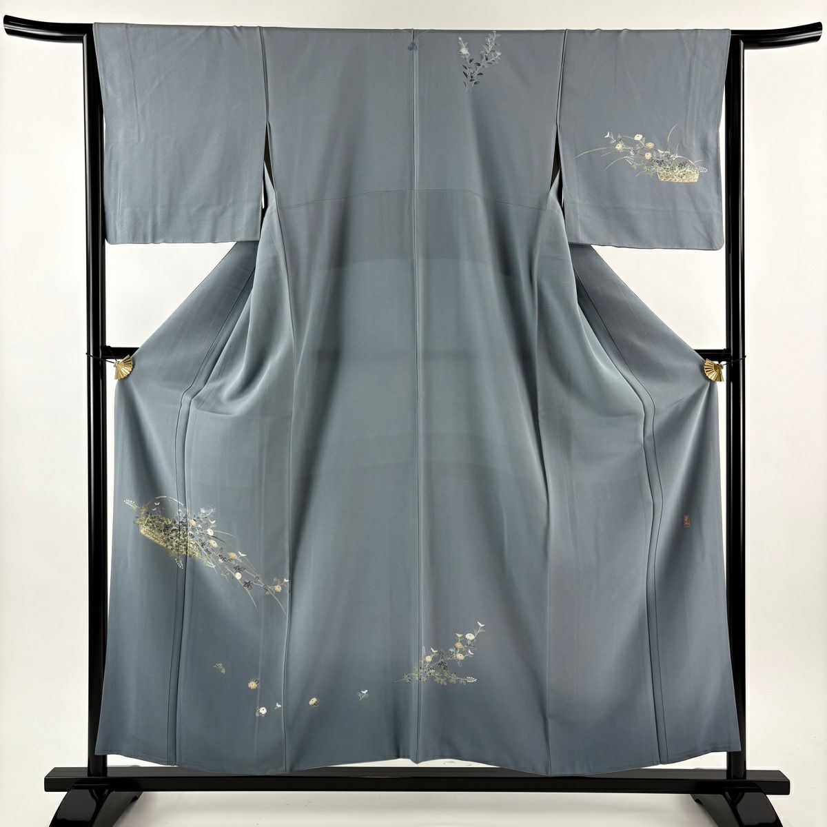 付下 身長154cm 袖長65cm M 雙層 落款 花籠 漸層 青灰 純蠶絲 秀品級 一つ紋