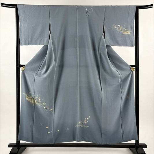 付下 身長154cm 袖長65cm M 雙層 落款 花籠 漸層 青灰 純蠶絲 秀品級 一つ紋