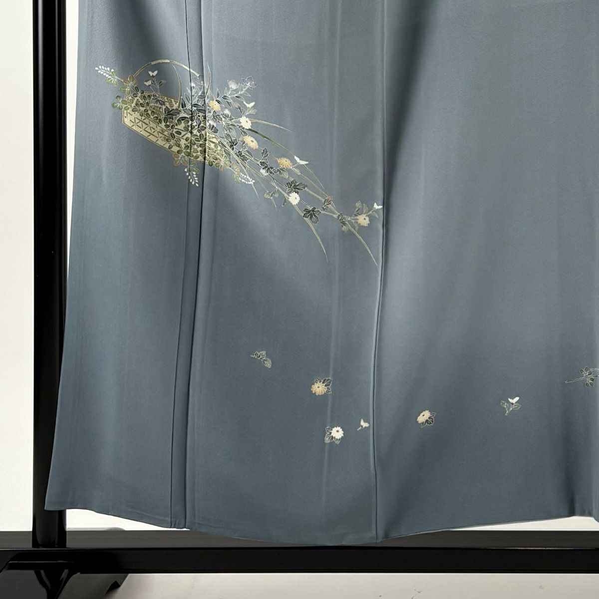 付下 身長154cm 袖長65cm M 雙層 落款 花籠 漸層 青灰 純蠶絲 秀品級 一つ紋