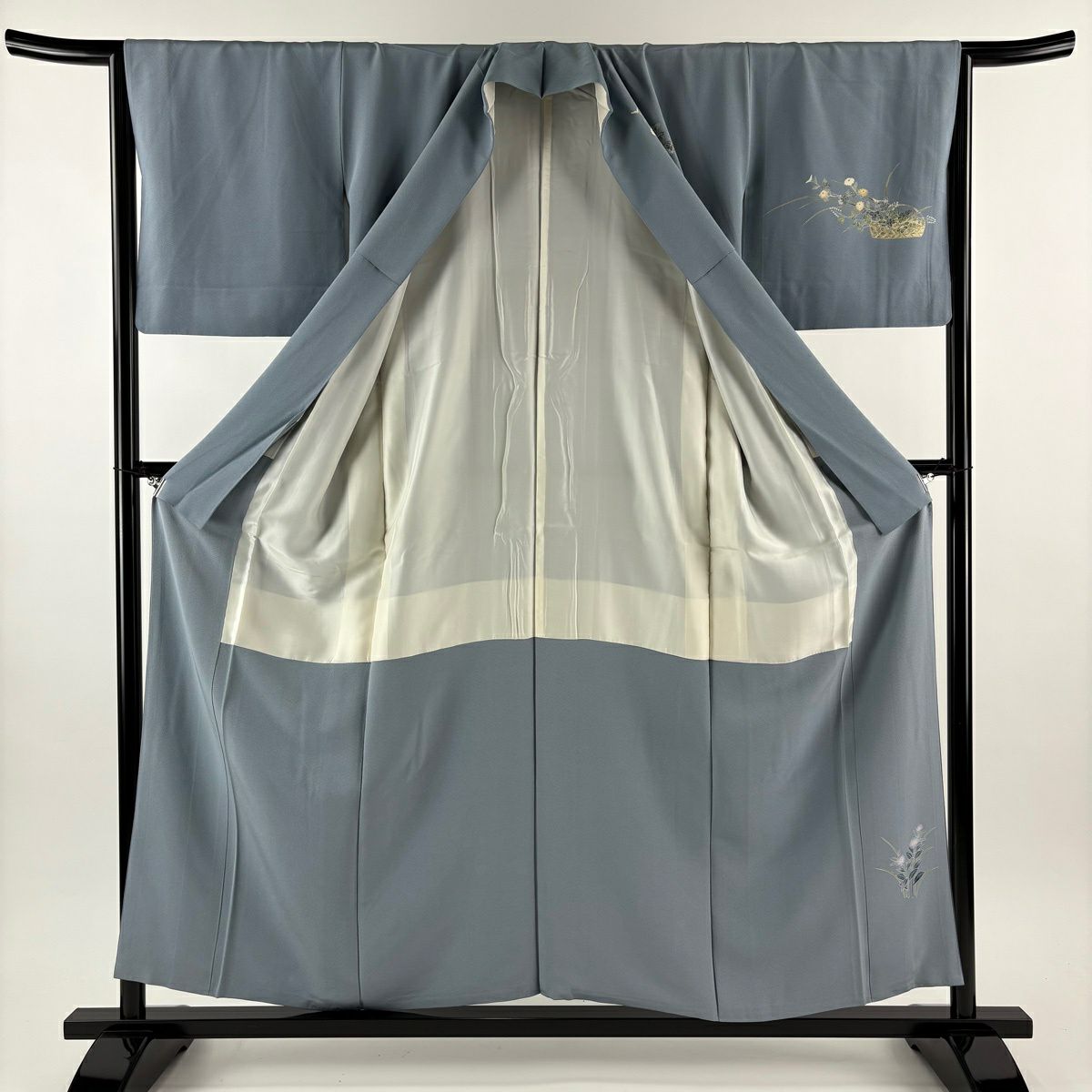 付下 身長154cm 袖長65cm M 雙層 落款 花籠 漸層 青灰 純蠶絲 秀品級 一つ紋