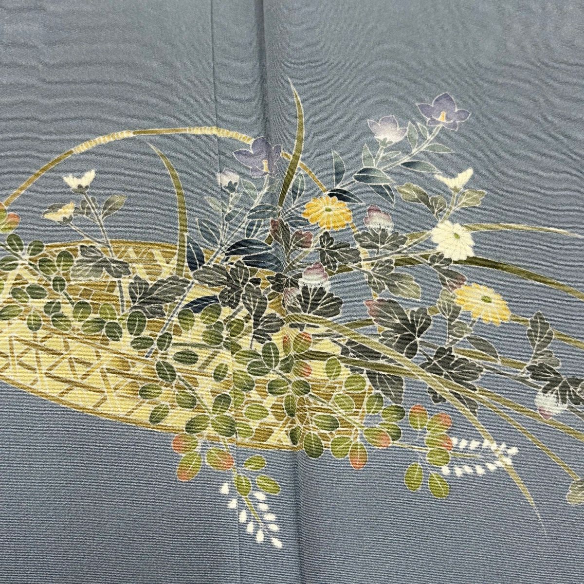 付下 身長154cm 袖長65cm M 雙層 落款 花籠 漸層 青灰 純蠶絲 秀品級 一つ紋