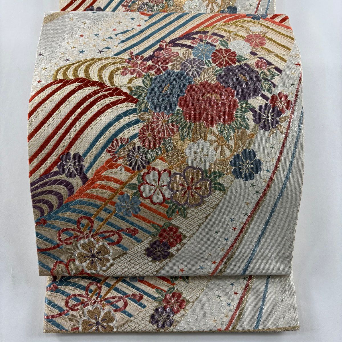 袋帶 秀品級 樱花 波 金絲 金金箔 灰白 六通 純蠶絲