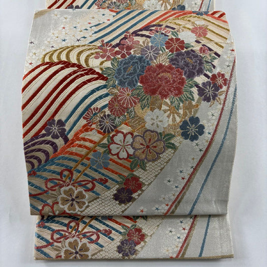 袋帶 秀品級 樱花 波 金絲 金金箔 灰白 六通 純蠶絲