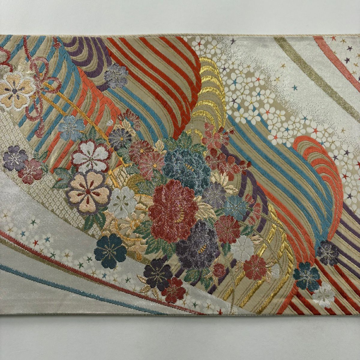 袋帶 秀品級 樱花 波 金絲 金金箔 灰白 六通 純蠶絲