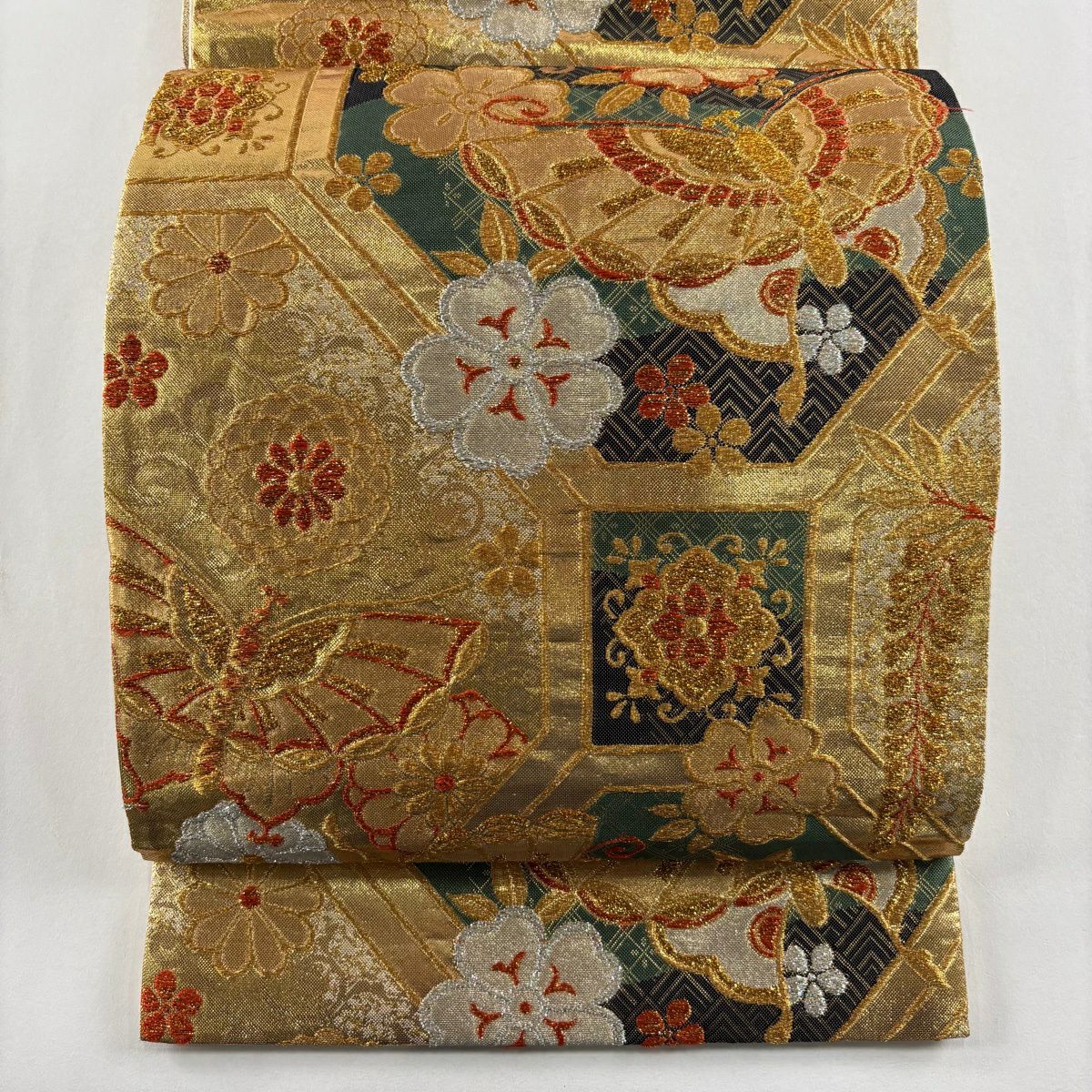 【美品】 袋帶 秀品級 櫻花 蝴蝶 金金箔 金銀彩 金色 六通 純蠶絲
