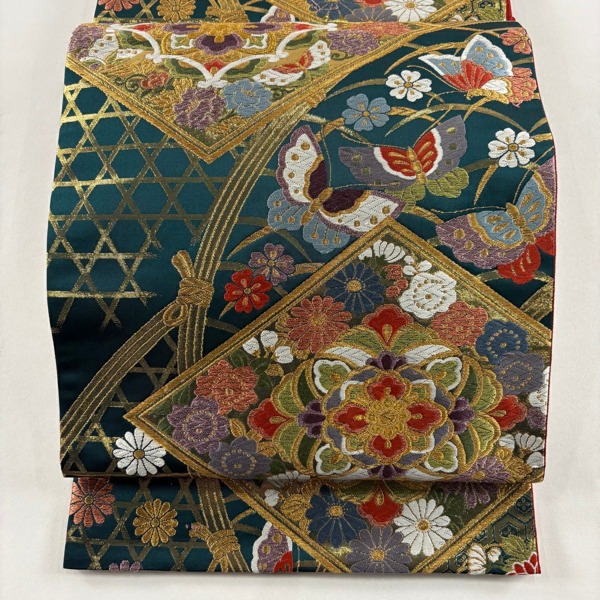 袋帶 秀品級 籠目 草花紋 金糸 金金箔 深綠 六通 純蠶絲