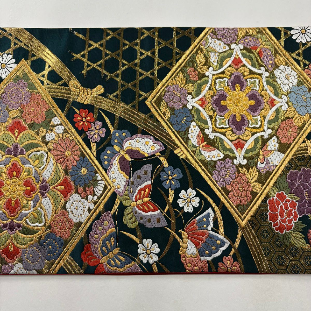 袋帶 秀品級 籠目 草花紋 金糸 金金箔 深綠 六通 純蠶絲