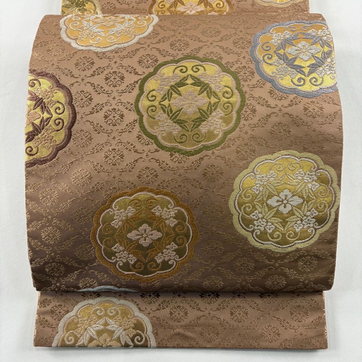 【美品】 袋帶 秀品級 華紋 花唐草紋 刺繡 紅茶 六通 純蠶絲