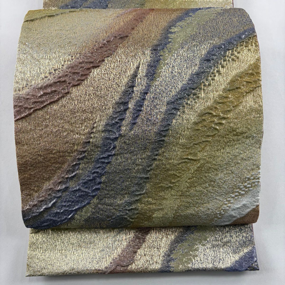 【美品】 袋帶 秀品級 幾何圖案 金絲 金金箔 金色 全通 純蠶絲