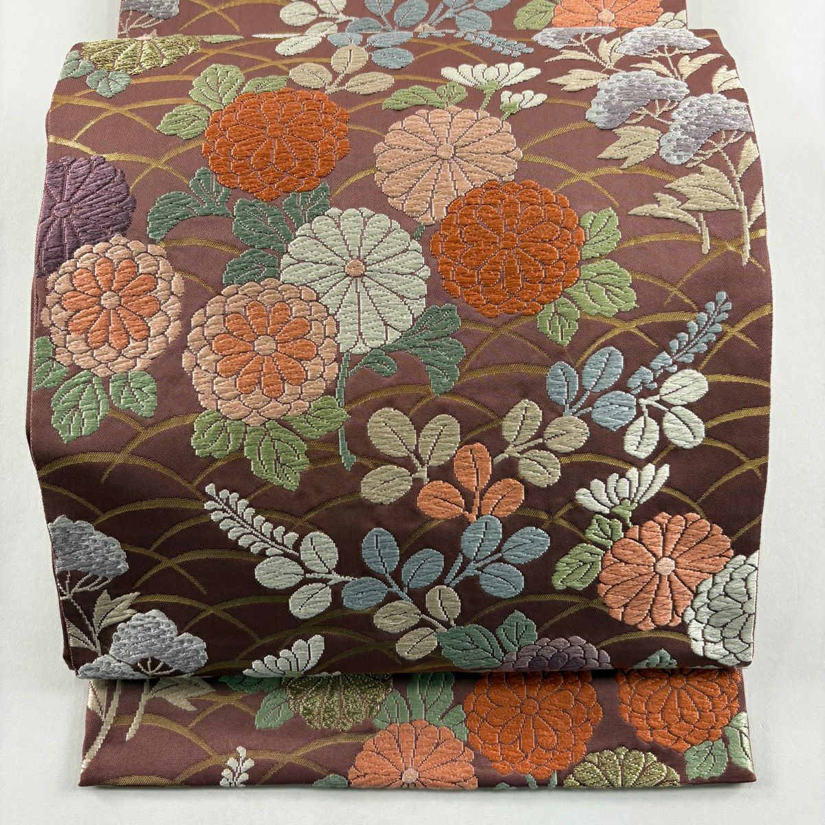 袋帶 秀品級 菊花 芝 金絲 金金箔 小豆 深褐色 六通 純蠶絲
