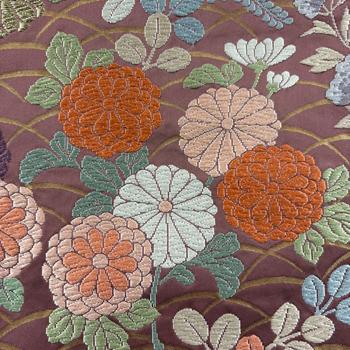 袋帶 秀品級 菊花 芝 金絲 金金箔 小豆 深褐色 六通 純蠶絲