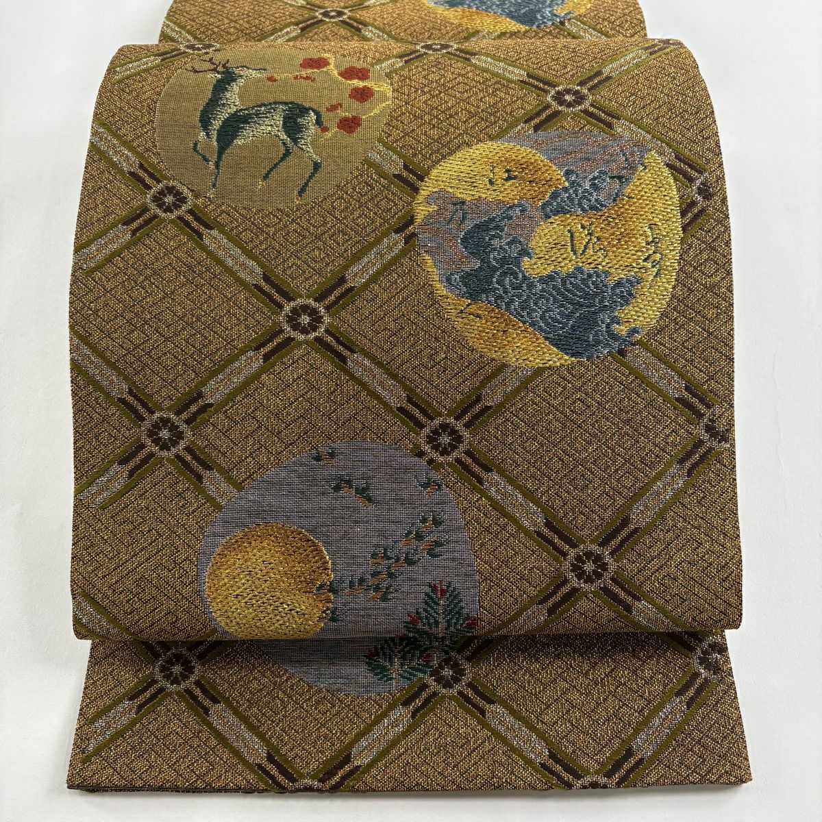 【美品】 袋帶 秀品級 鹿 満月 金銀彩 金茶 六通 純蠶絲
