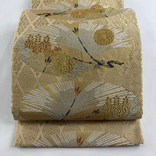 袋帶 秀品級 若松樹 菊花 金銀彩 刺繡 淺茶 六通 純蠶絲