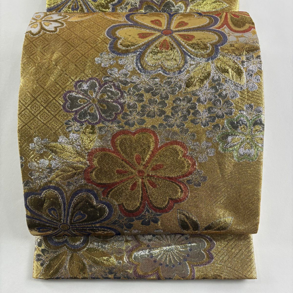 袋帶 秀品級 振袖禮服禮服用 櫻花 波紋 金絲 金金箔 金色 六通 純蠶絲